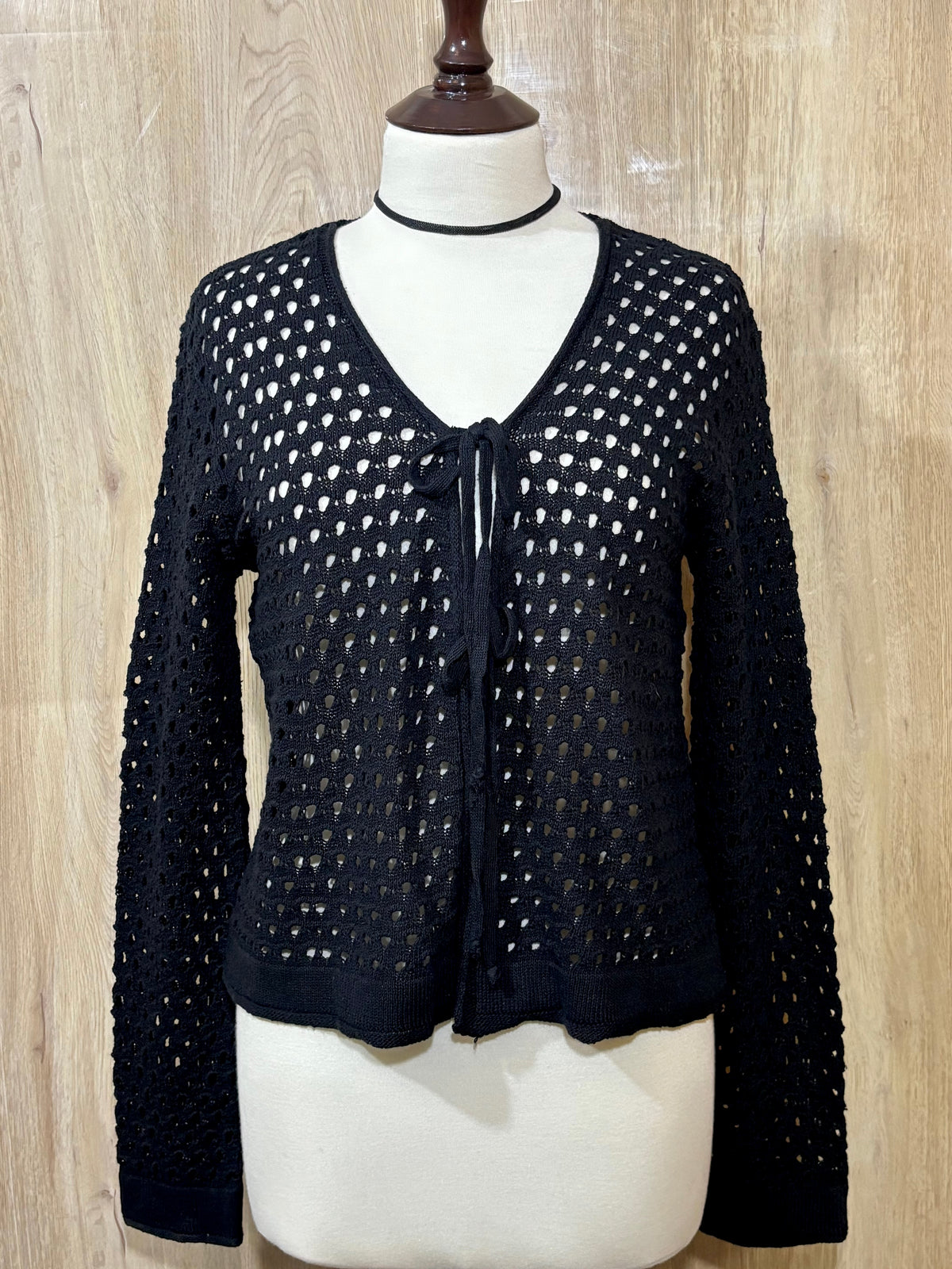 Black Openwork Tie-Front Long-Sleeve Cardigan