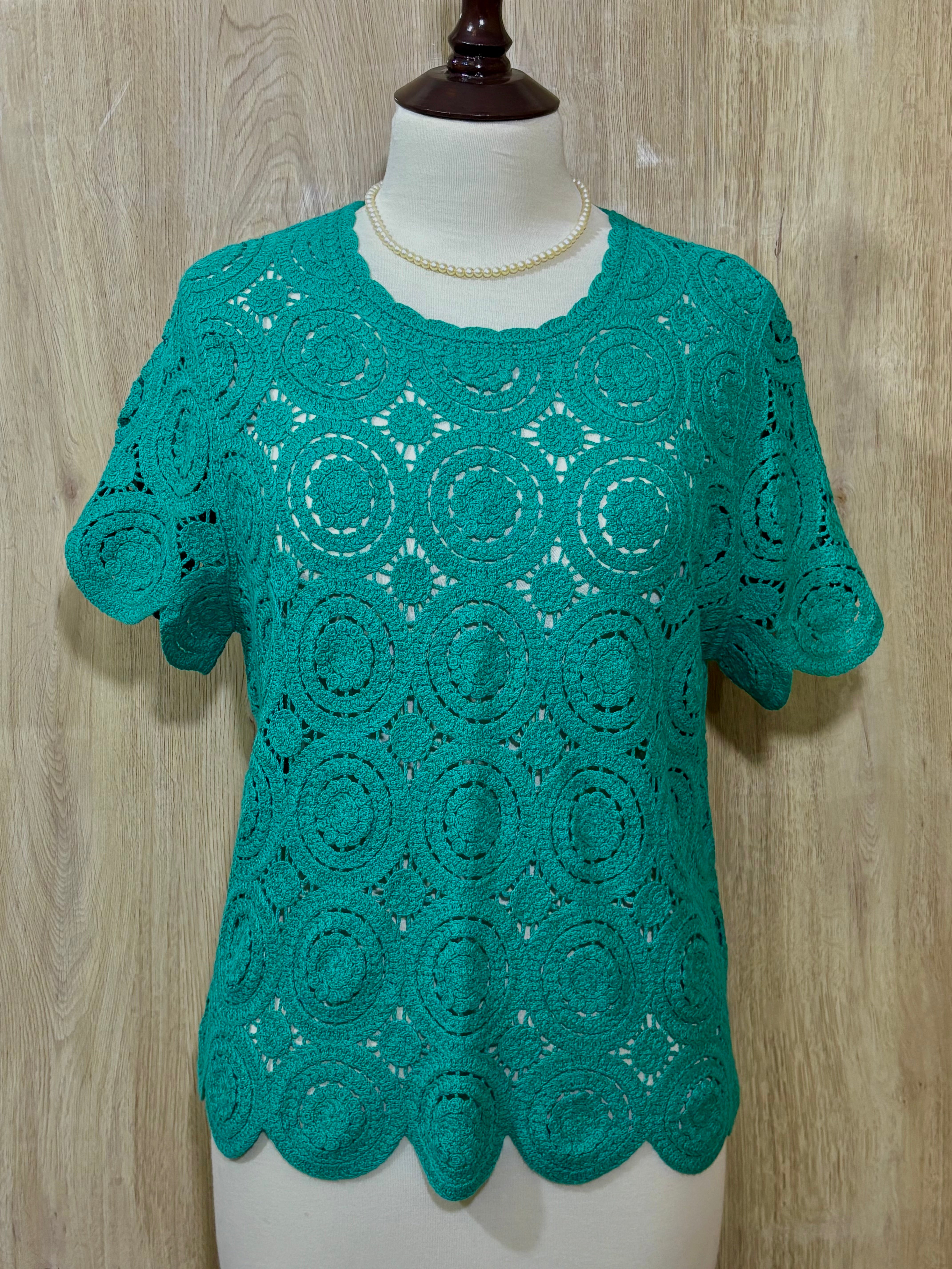 Teal Circular Openwork Short-Sleeve Top