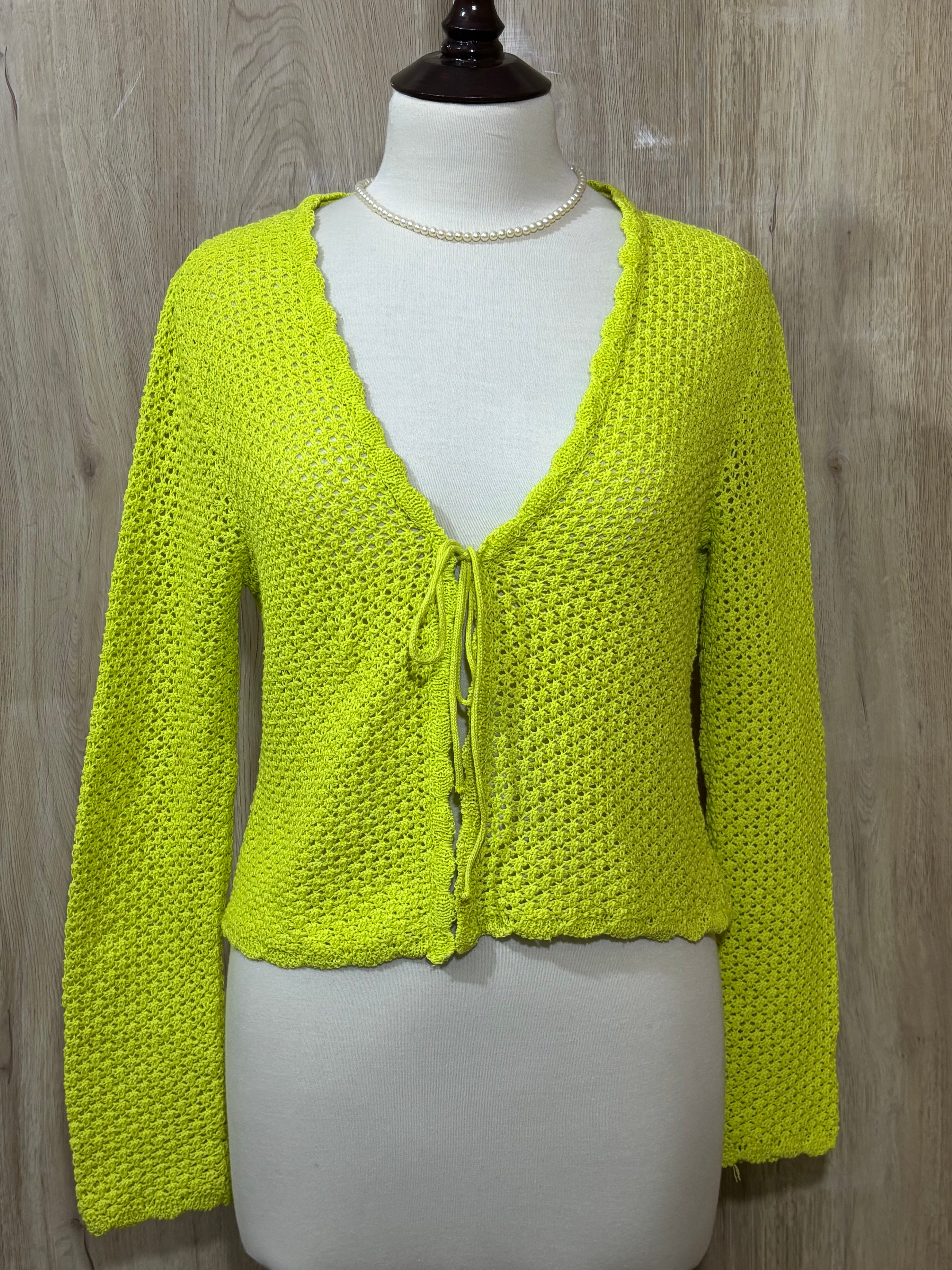 Lime Green Openwork Tie-Front Cardigan