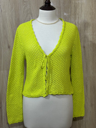 Lime Green Openwork Tie-Front Cardigan