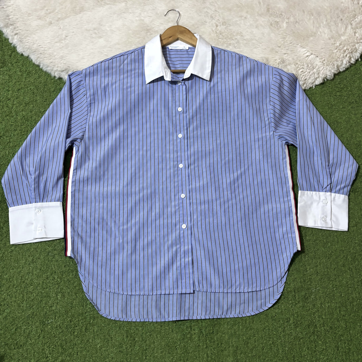 Blue striped drop-shoulder shirt with white collar and wide white cuffs