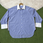 Blue striped drop-shoulder shirt with white collar and wide white cuffs