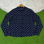 Navy blue and white butterfly polka dot button-front shirt