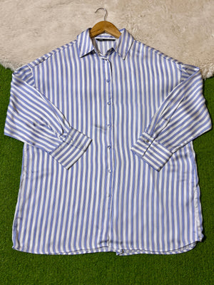White and Lilac Striped Drop-Shoulder Button-Down Shirt