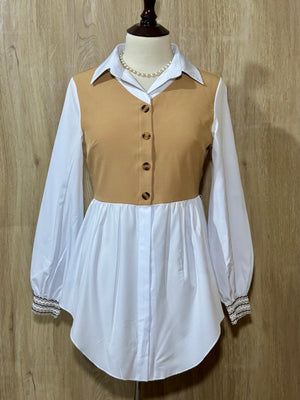 Beige and White Layered-Look Collared Peplum Shirt