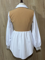 Back of beige and white layered-look peplum shirt with gathered hem