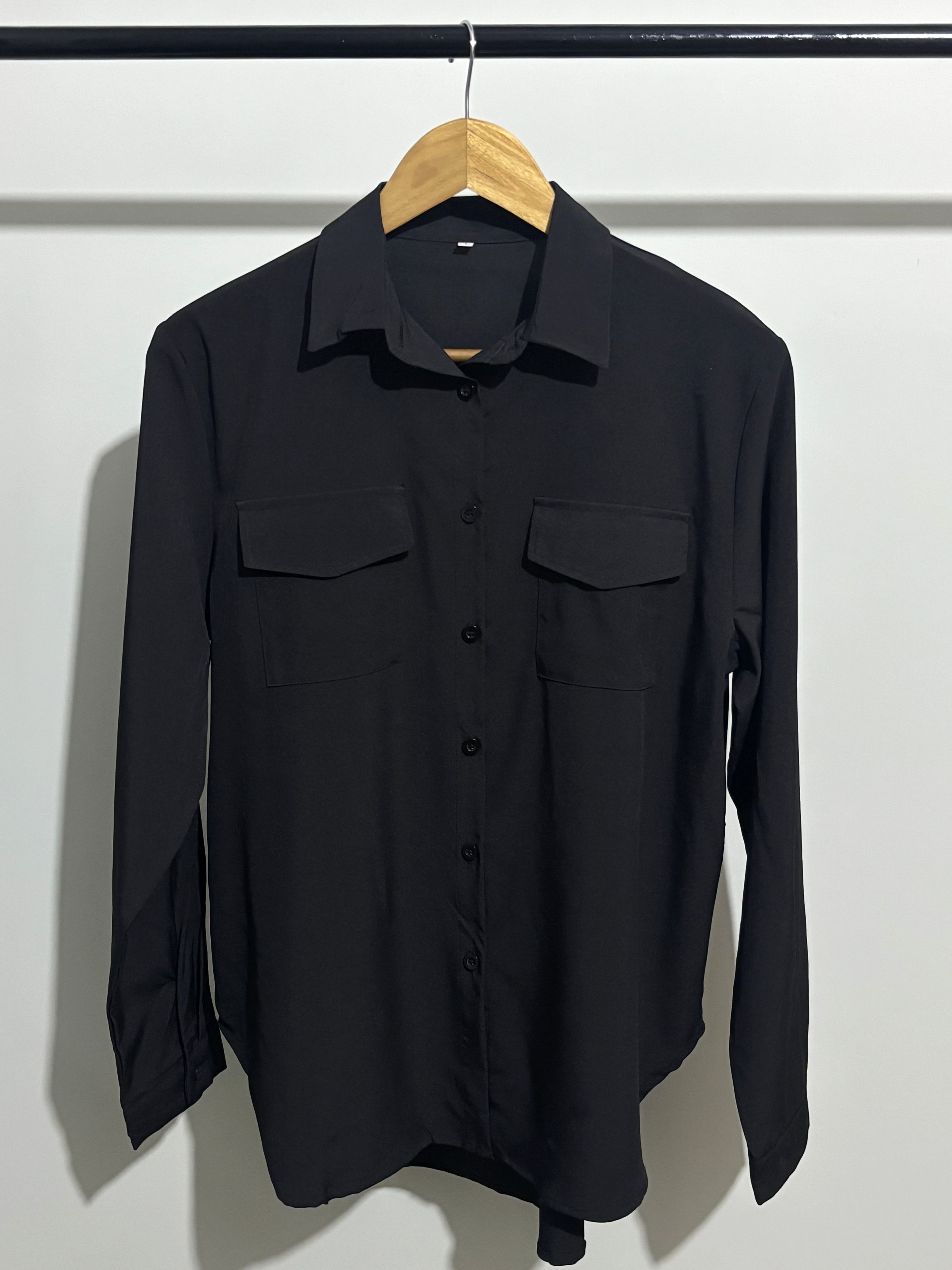 Black Double Flap Detail Button-Down Shirt
