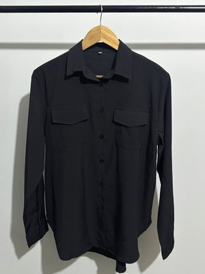 Black Double Flap Detail Button-Down Shirt