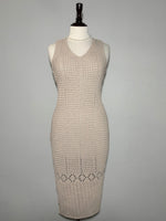 Beige V-neck openwork sleeveless bodycon midi dress front view