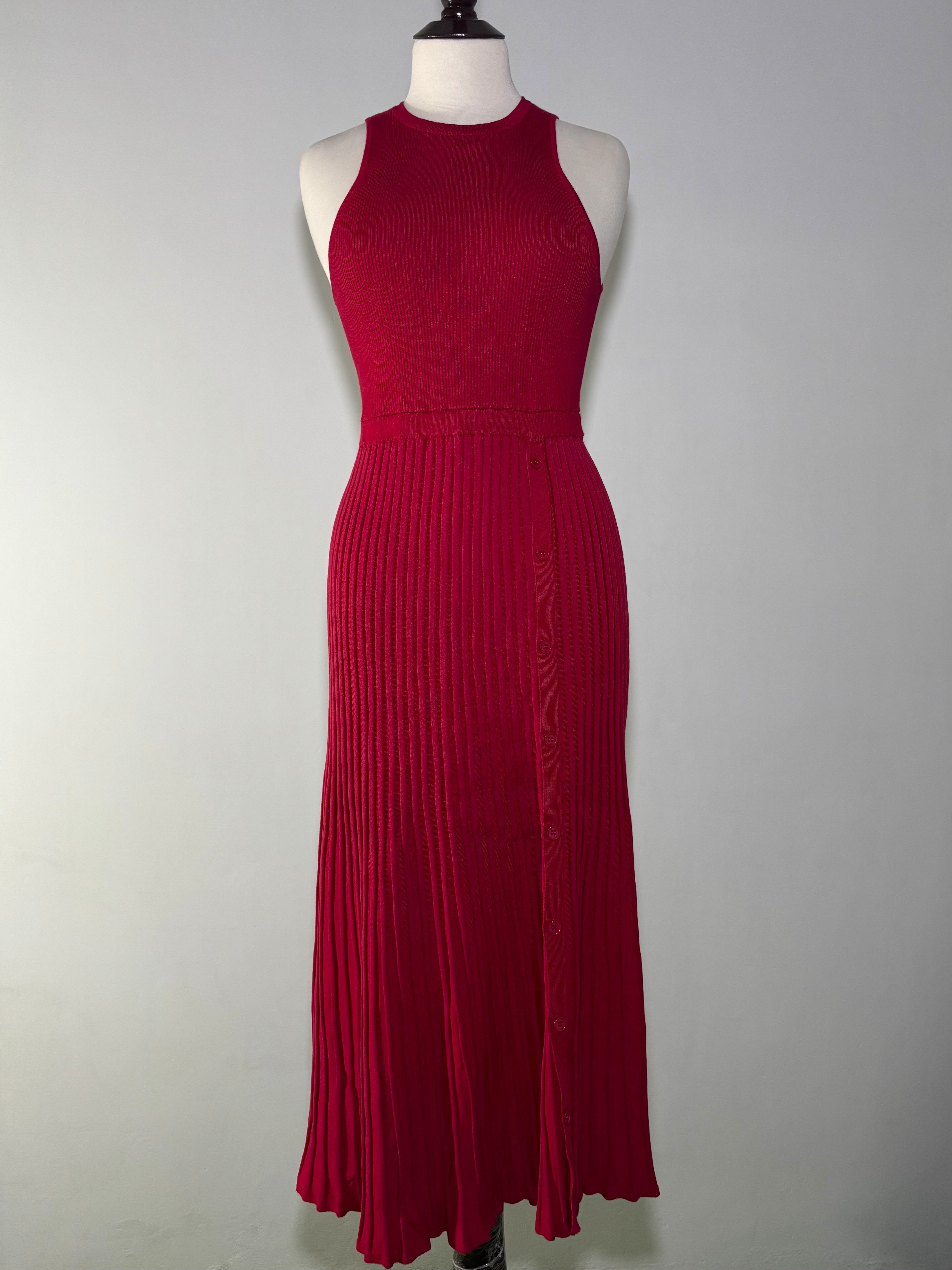 Red sleeveless ribbed maxi dress with flared buttoned skirt