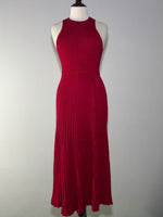 Red sleeveless ribbed maxi dress with flared buttoned skirt
