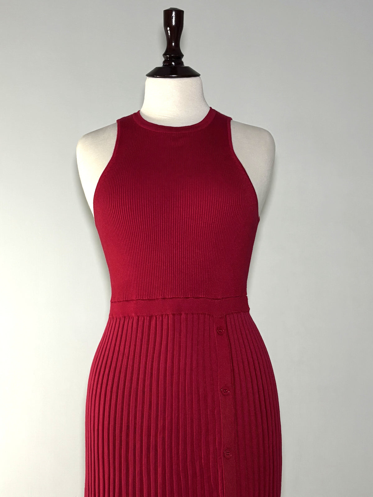 Red Sleeveless Ribbed Button-Skirt Maxi Dress