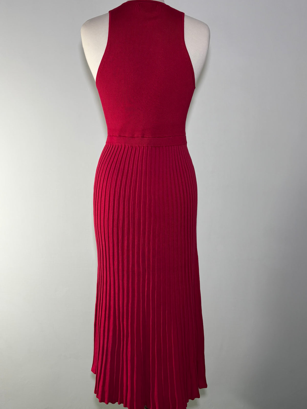 Back view of red ribbed sleeveless maxi dress
