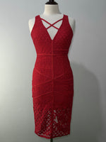 Red crisscross V-neck sleeveless bodycon midi dress front view
