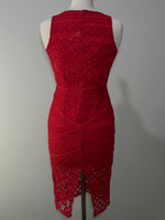 Back view of red patterned dress with back zip and slit