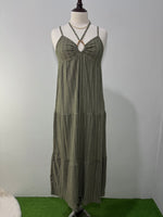 Olive green striped keyhole tiered maxi dress front view