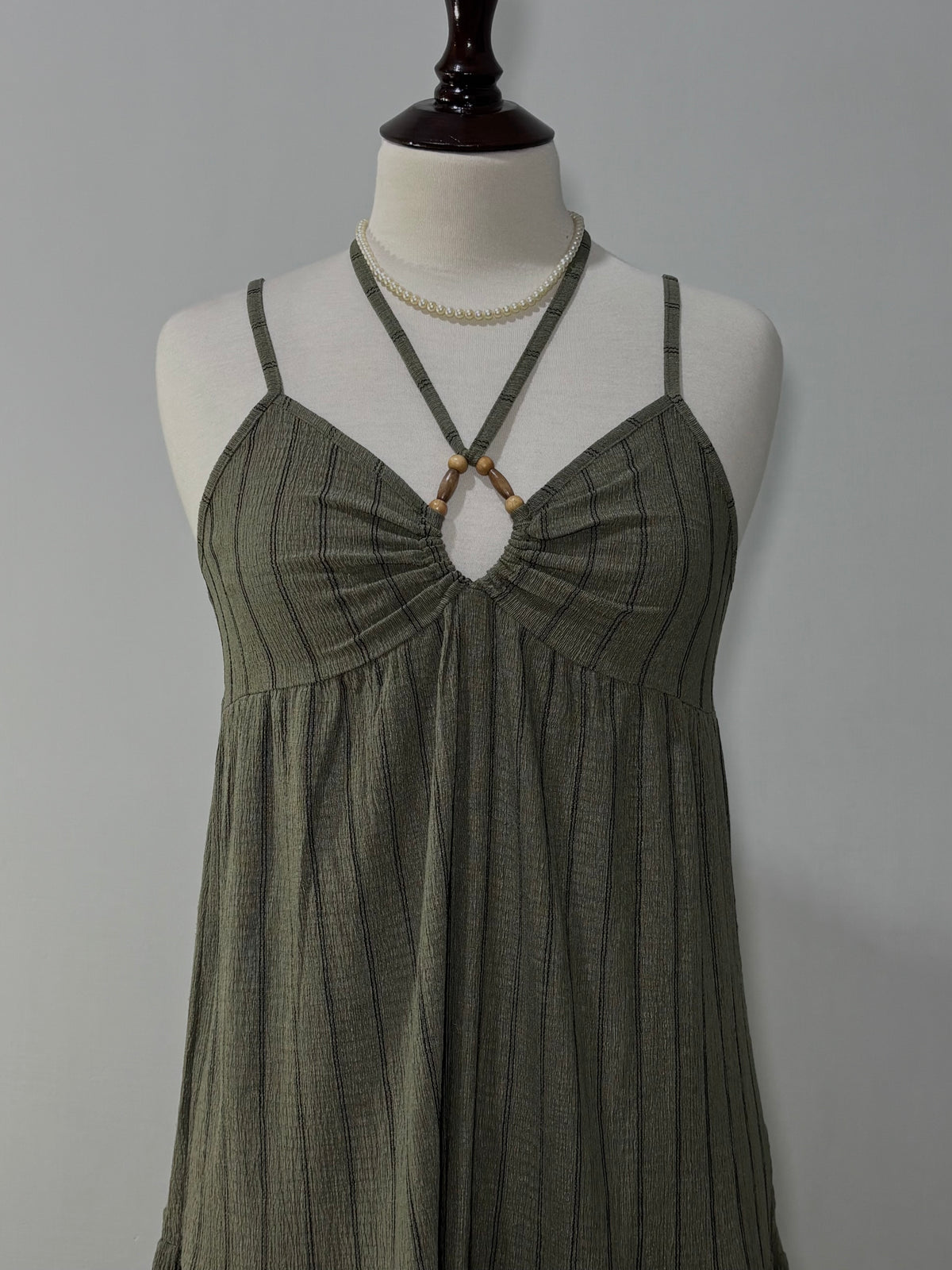 Olive Green Striped Keyhole Tiered Maxi Dress