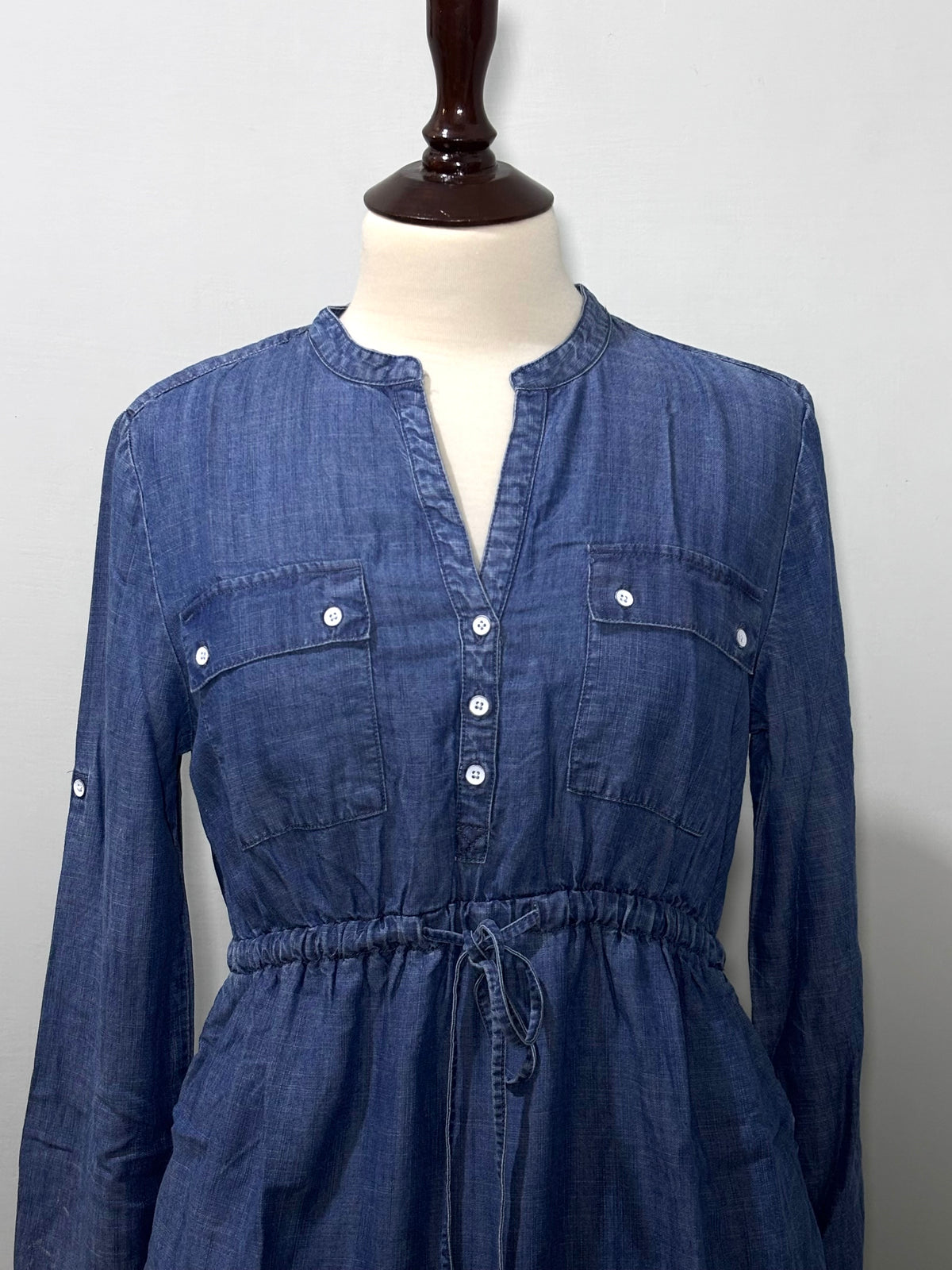 Blue Drawstring Waist Long-Sleeve Maternity Shirt Dress