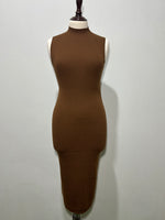 Brown mock-neck sleeveless ribbed bodycon midi dress front view