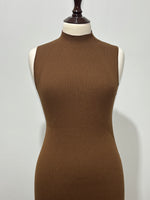 Brown ribbed dress mock neckline and fitted bodice