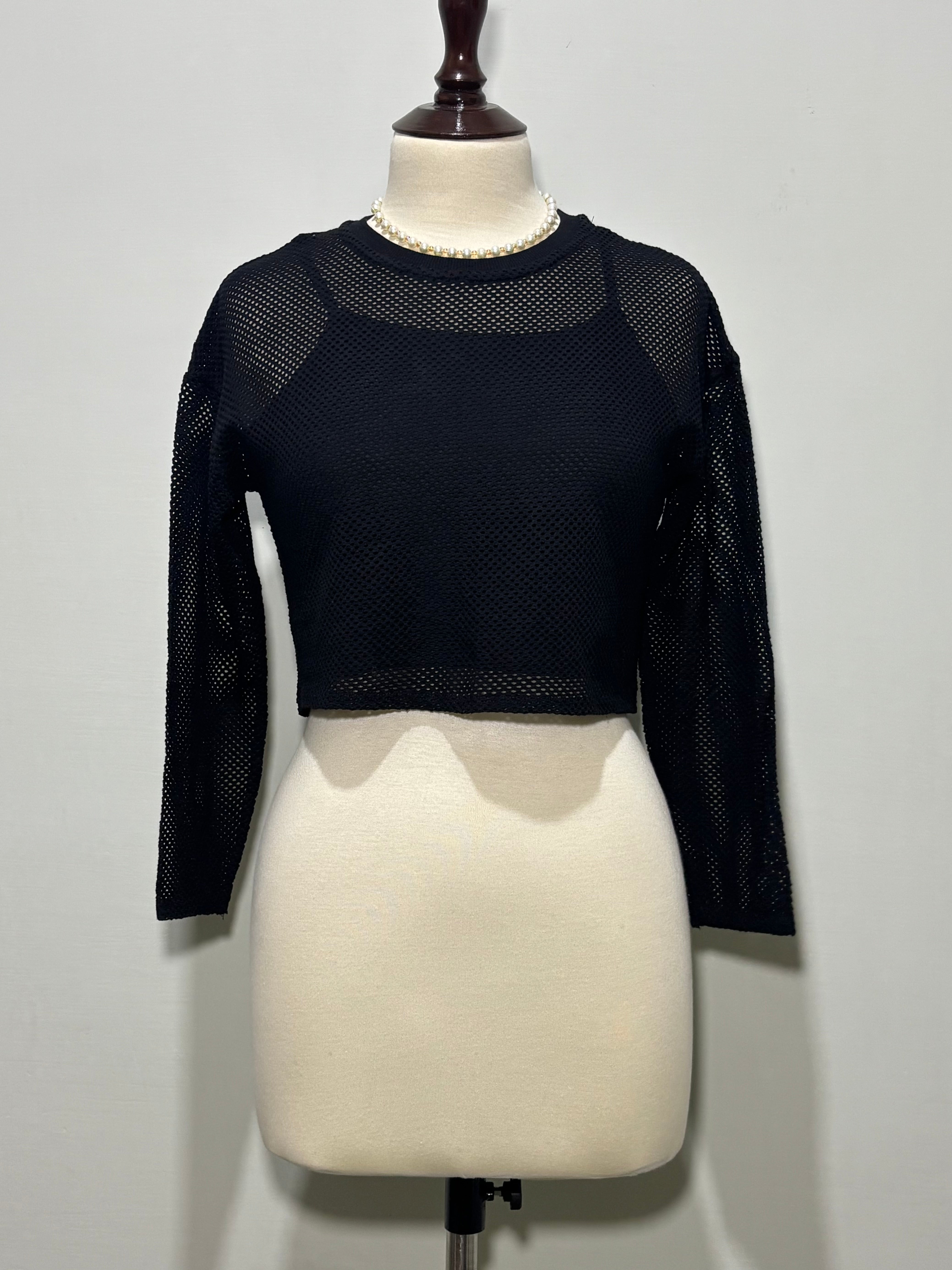 Black girls' openwork drop-shoulder crop top front view