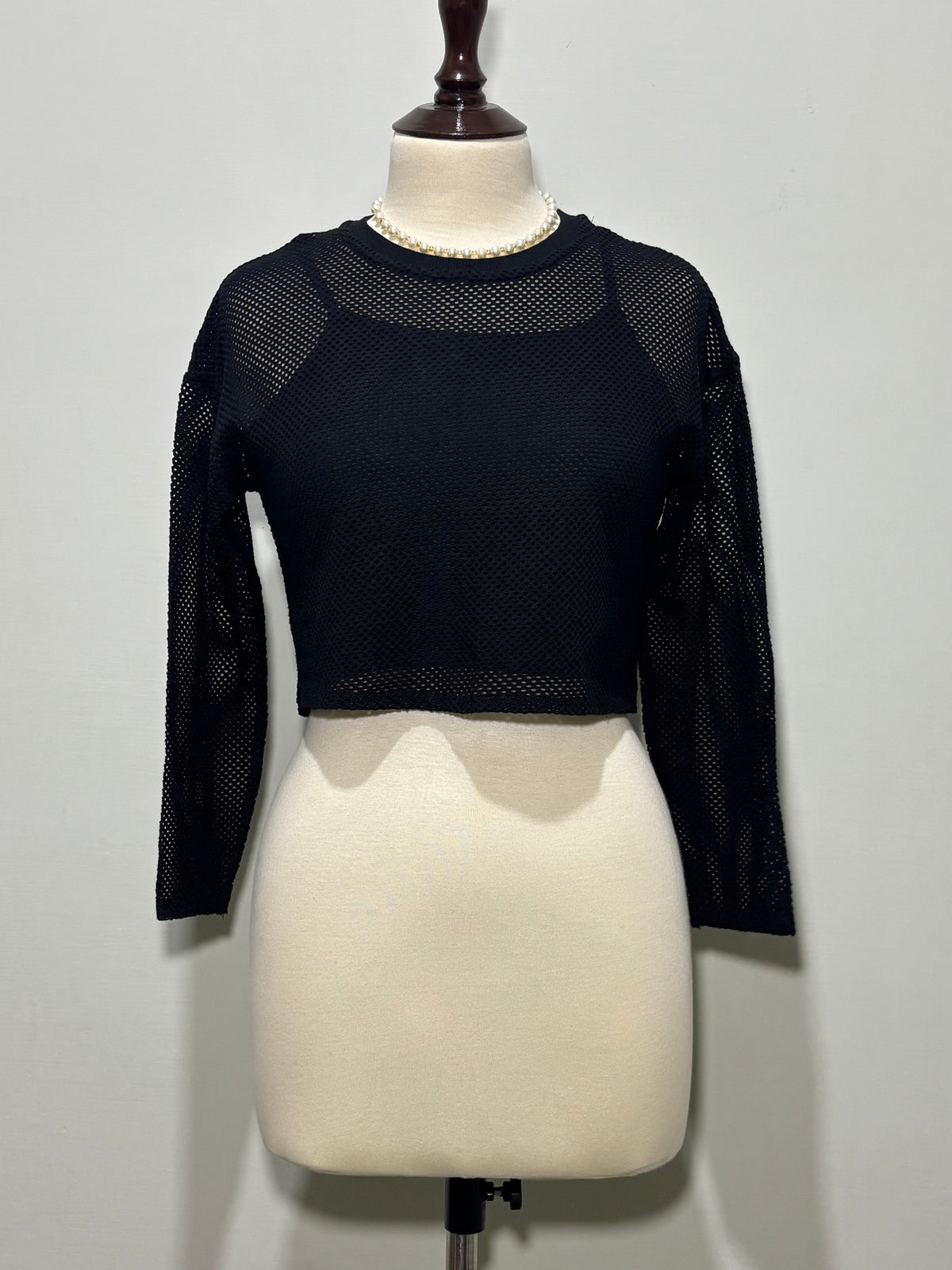 Black girls' openwork drop-shoulder crop top front view