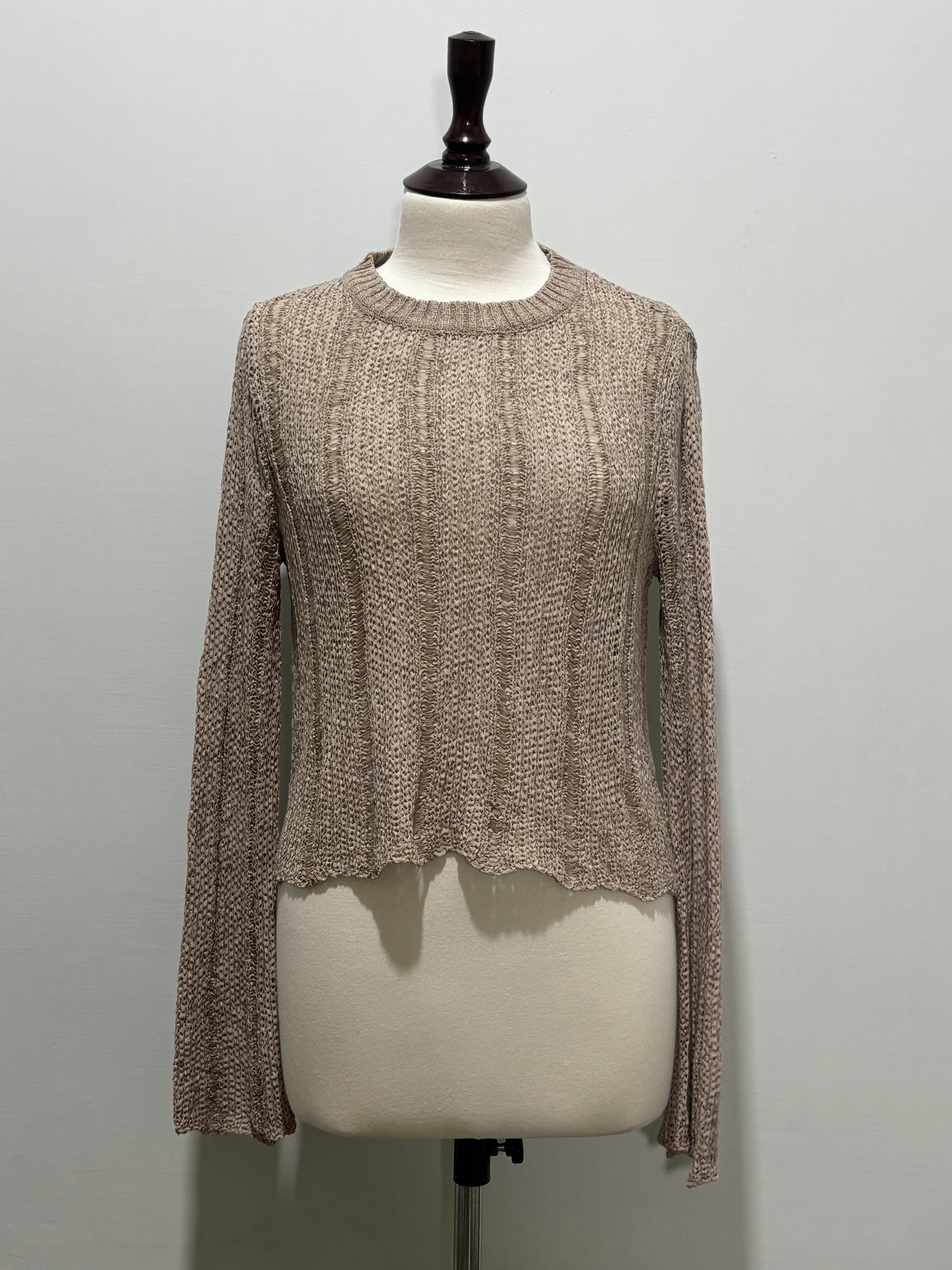 Taupe textured long-sleeve crop top front view