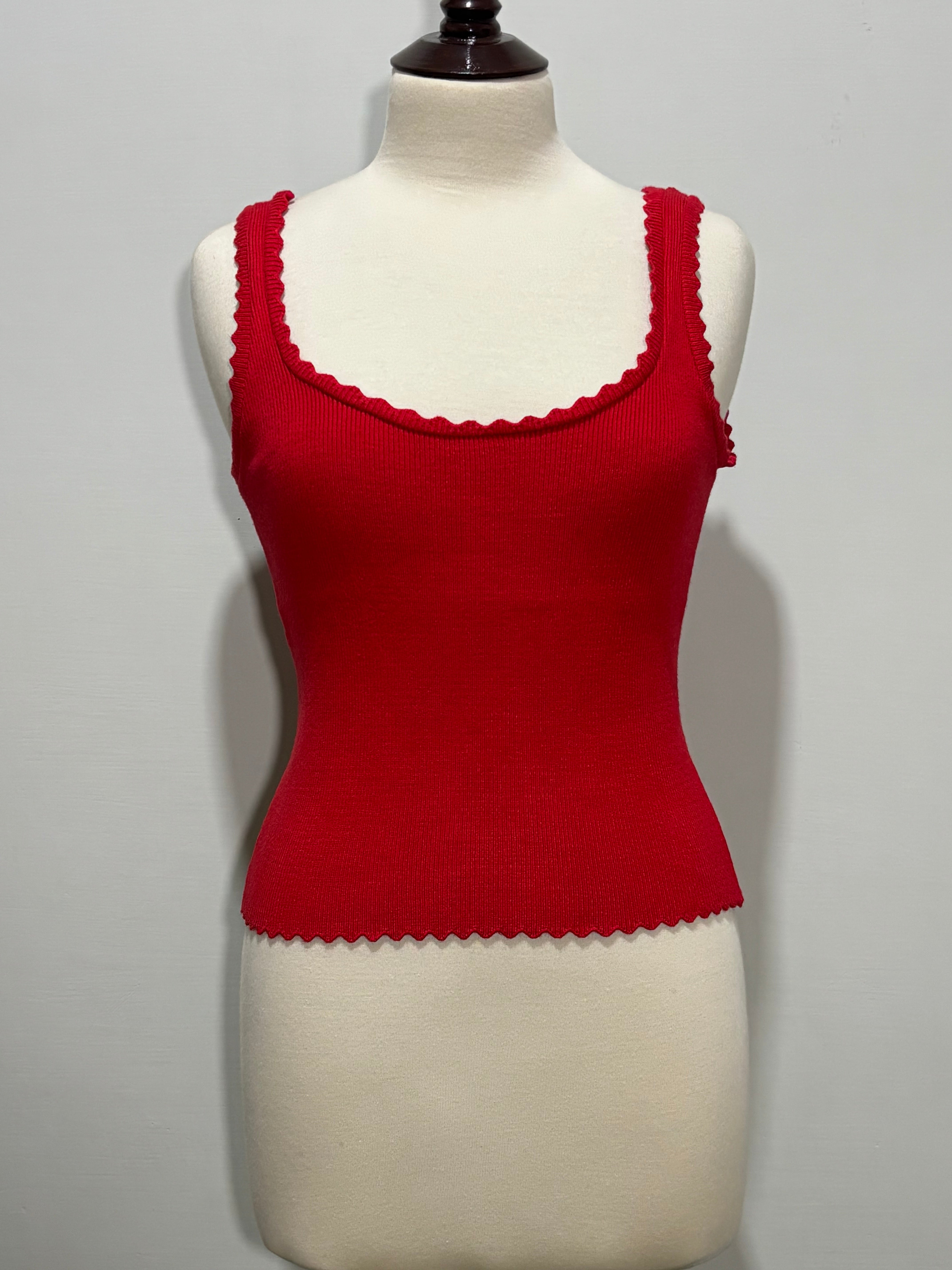 Red ribbed lettuce-edge sleeveless top front view