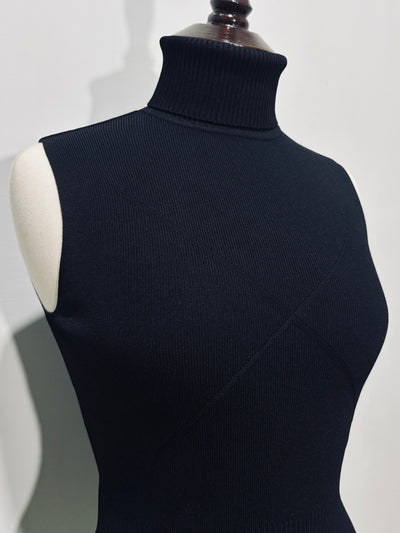 Black ribbed sleeveless turtleneck top neckline detail