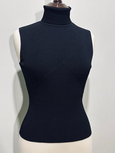 Black fitted sleeveless turtleneck top front view - alternate view