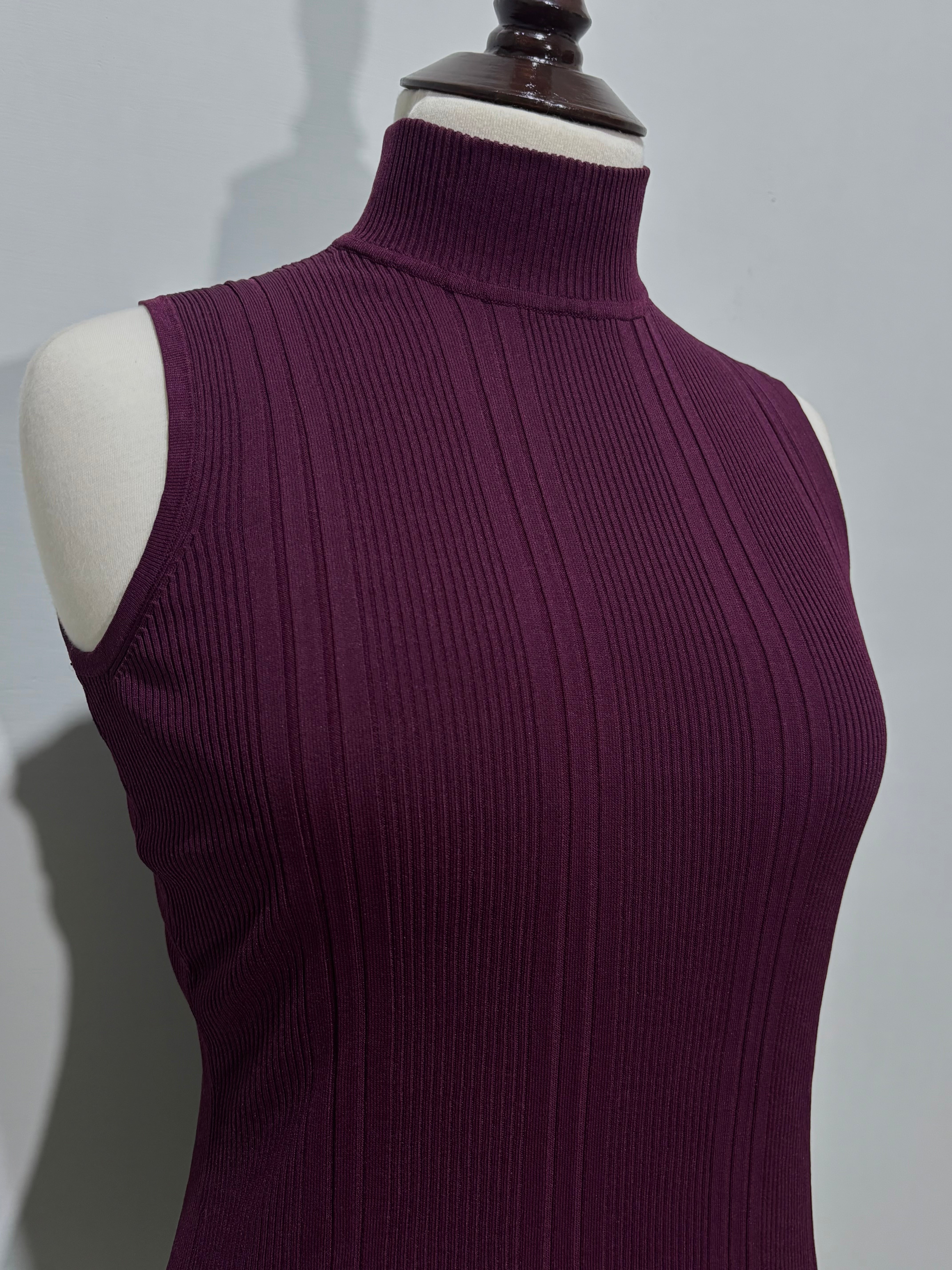 Burgundy ribbed sleeveless turtleneck top front view
