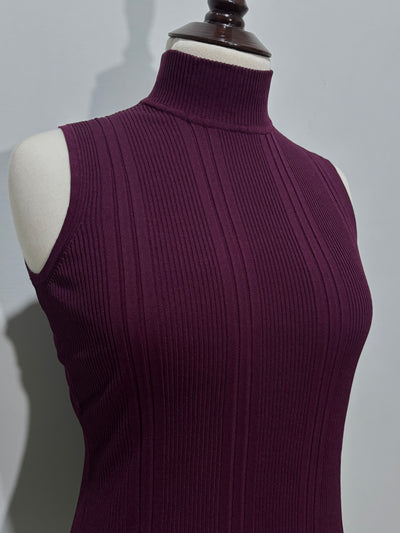 Burgundy ribbed sleeveless turtleneck top front view