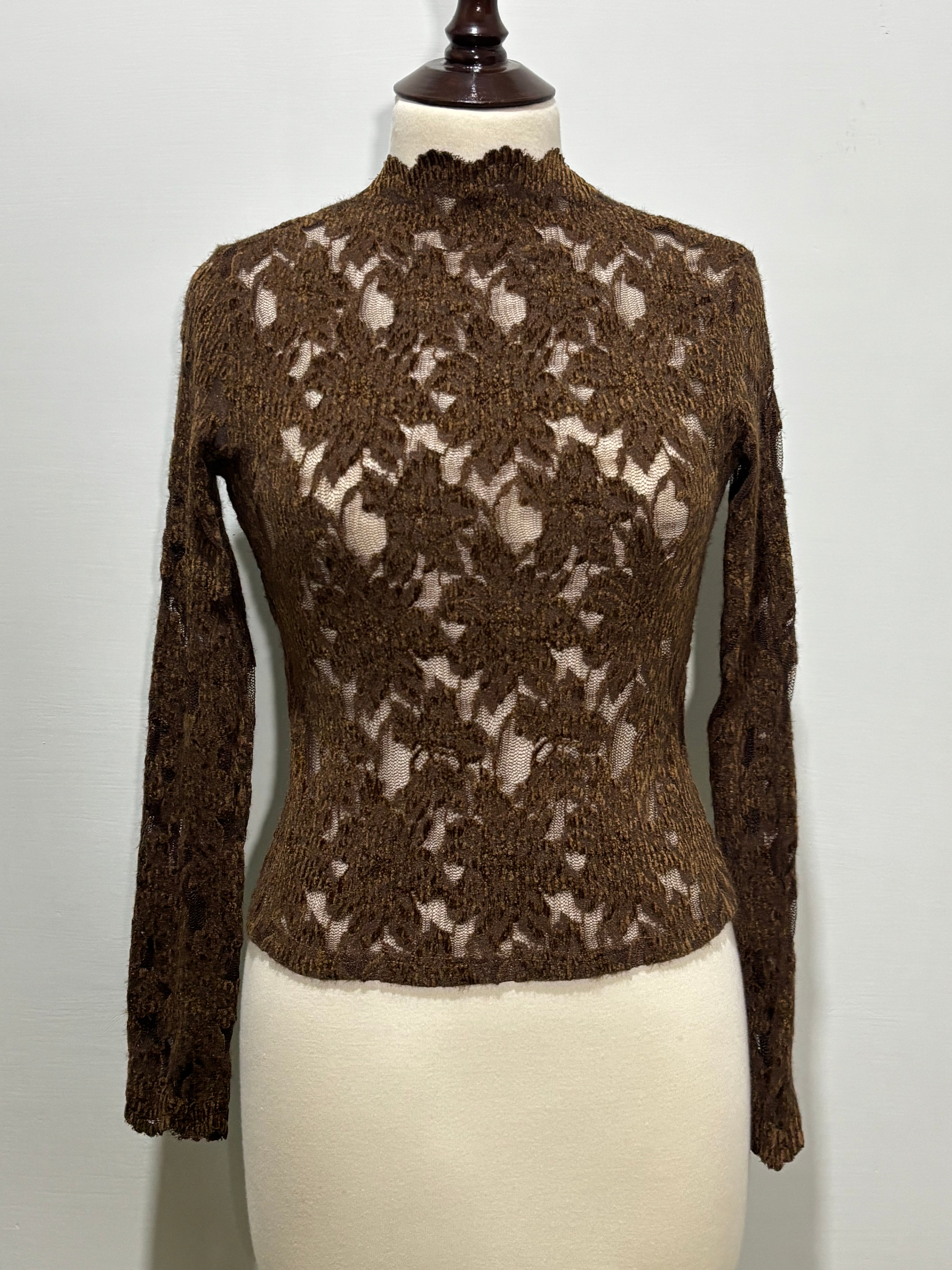 Brown floral high-neck long-sleeve sheer top front view