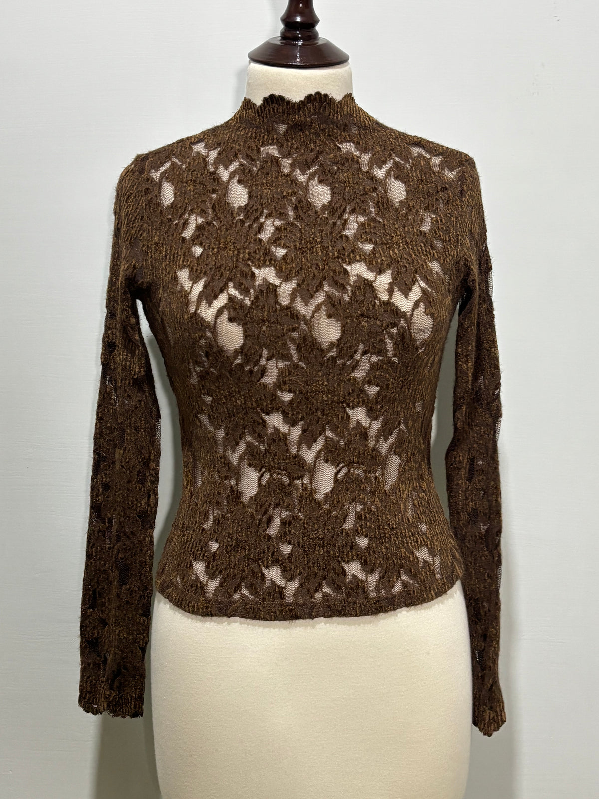 Brown floral high-neck long-sleeve sheer top front view