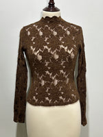 Brown floral high-neck long-sleeve sheer top front view