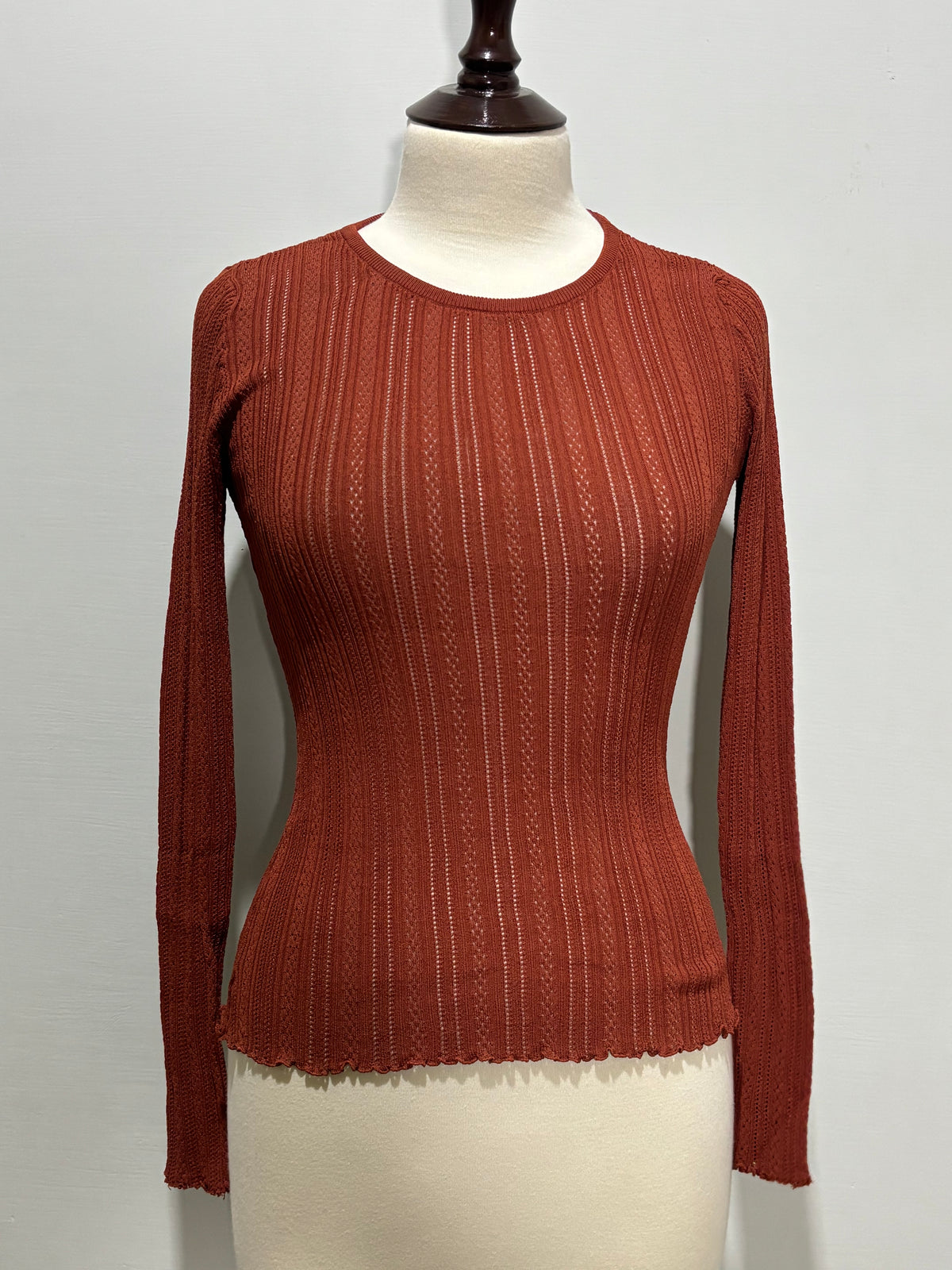 Rust brown fitted pointelle long-sleeve top front view