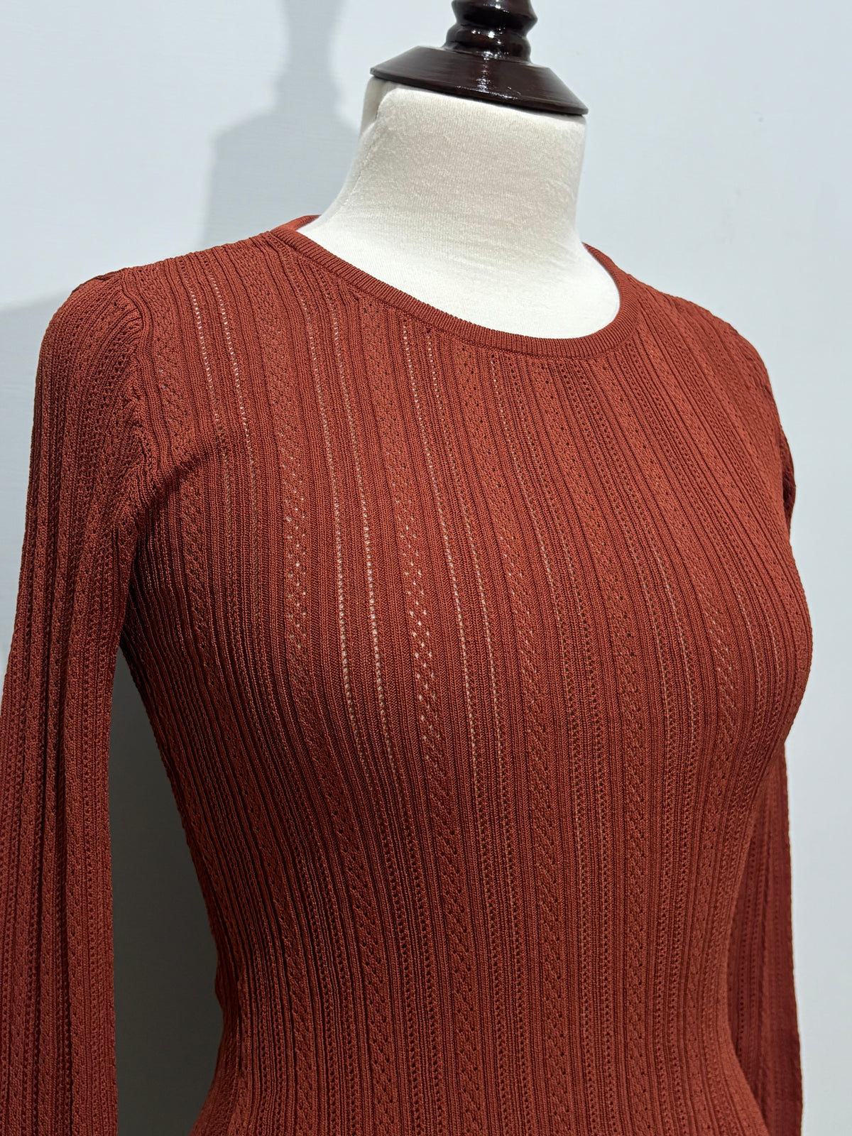 Rust brown top round neckline and vertical pointelle detail