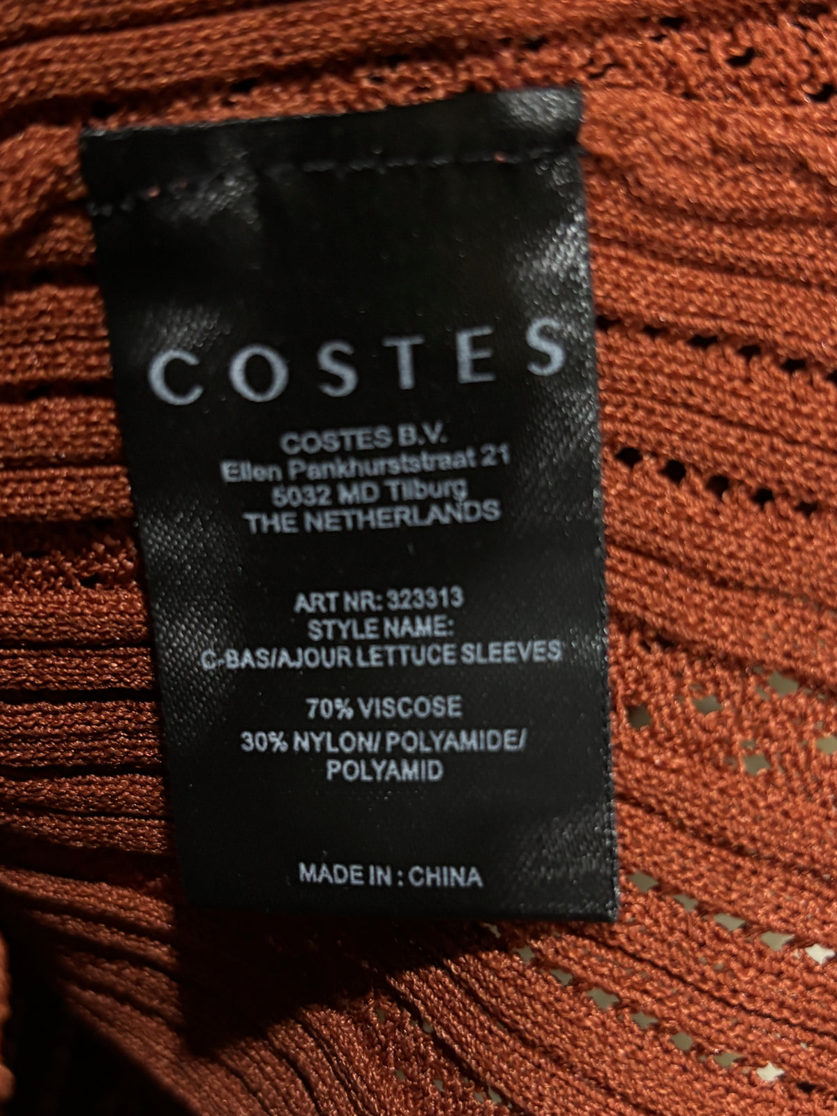 COSTES fabric label showing 70% viscose and 30% nylon polyamide