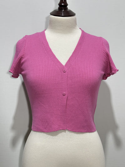 Pink ribbed V-neck short-sleeve cropped cardigan front view