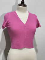 Pink crop cardigan button front and lettuce-edge sleeves