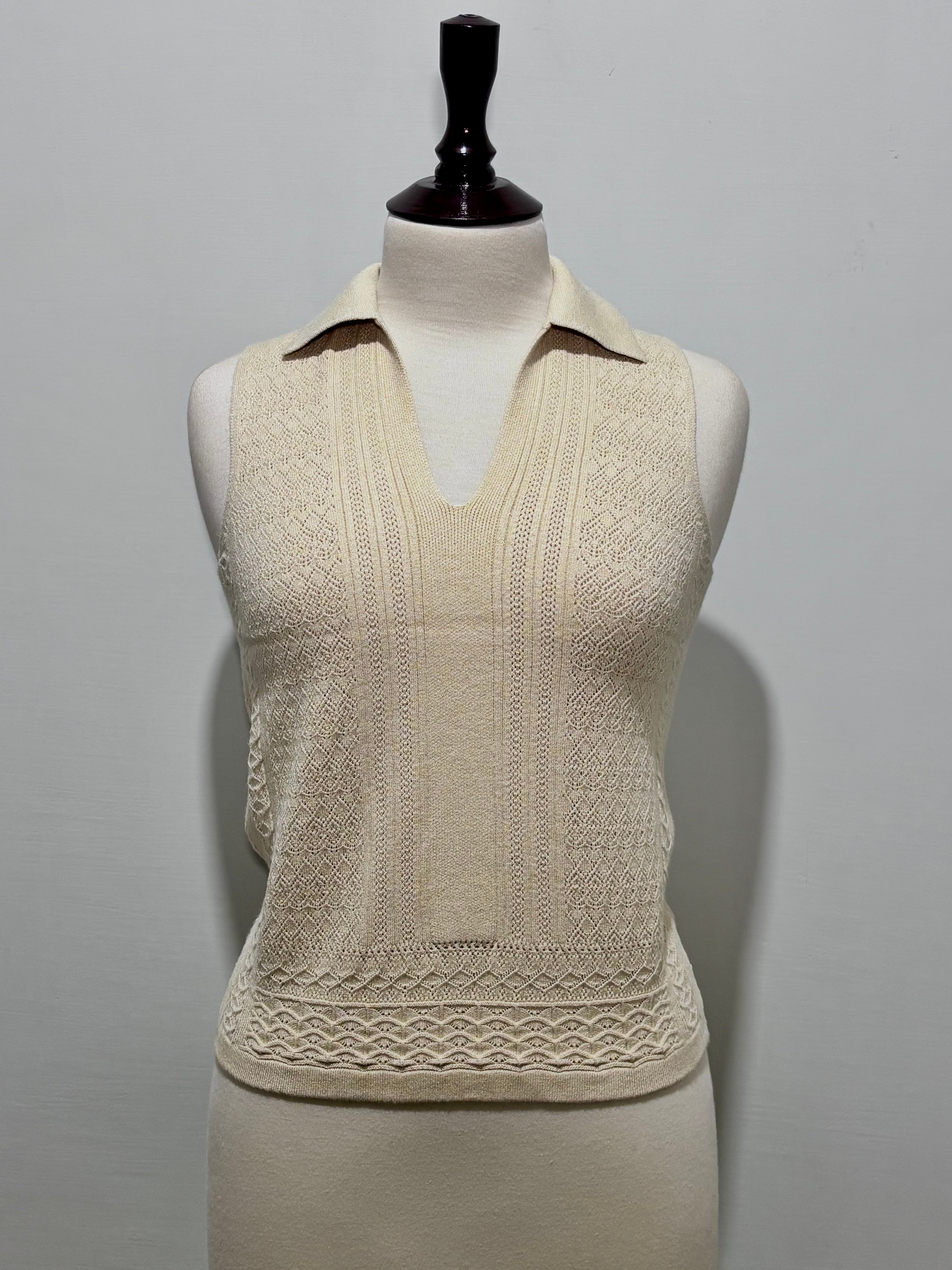 Cream textured sleeveless collared top front view