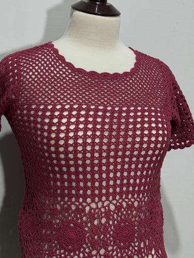 Close-up of dusty rose floral openwork and scalloped neckline - alternate view
