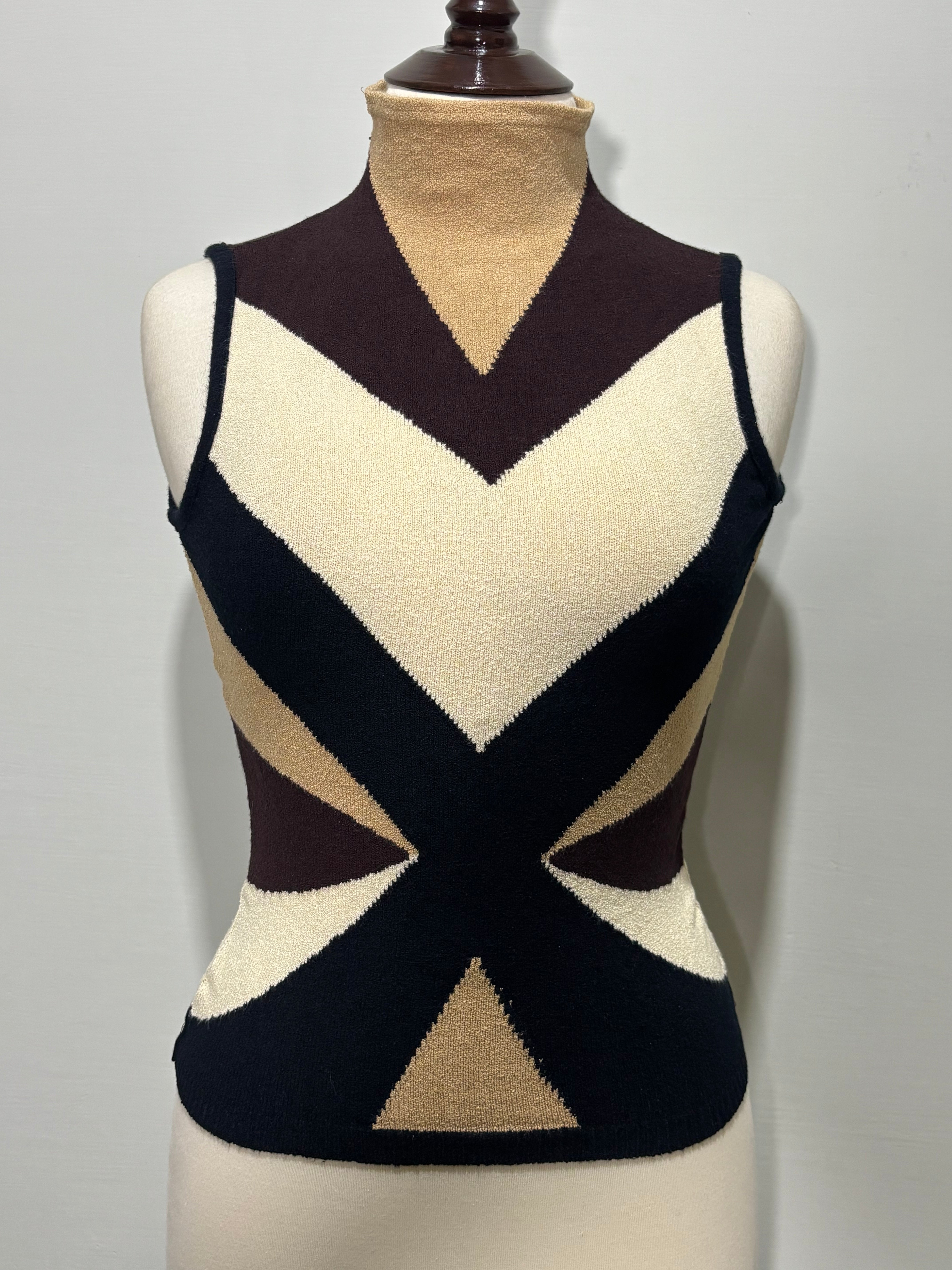 Black cream and brown geometric high-neck sleeveless top