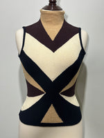 Black cream and brown geometric high-neck sleeveless top