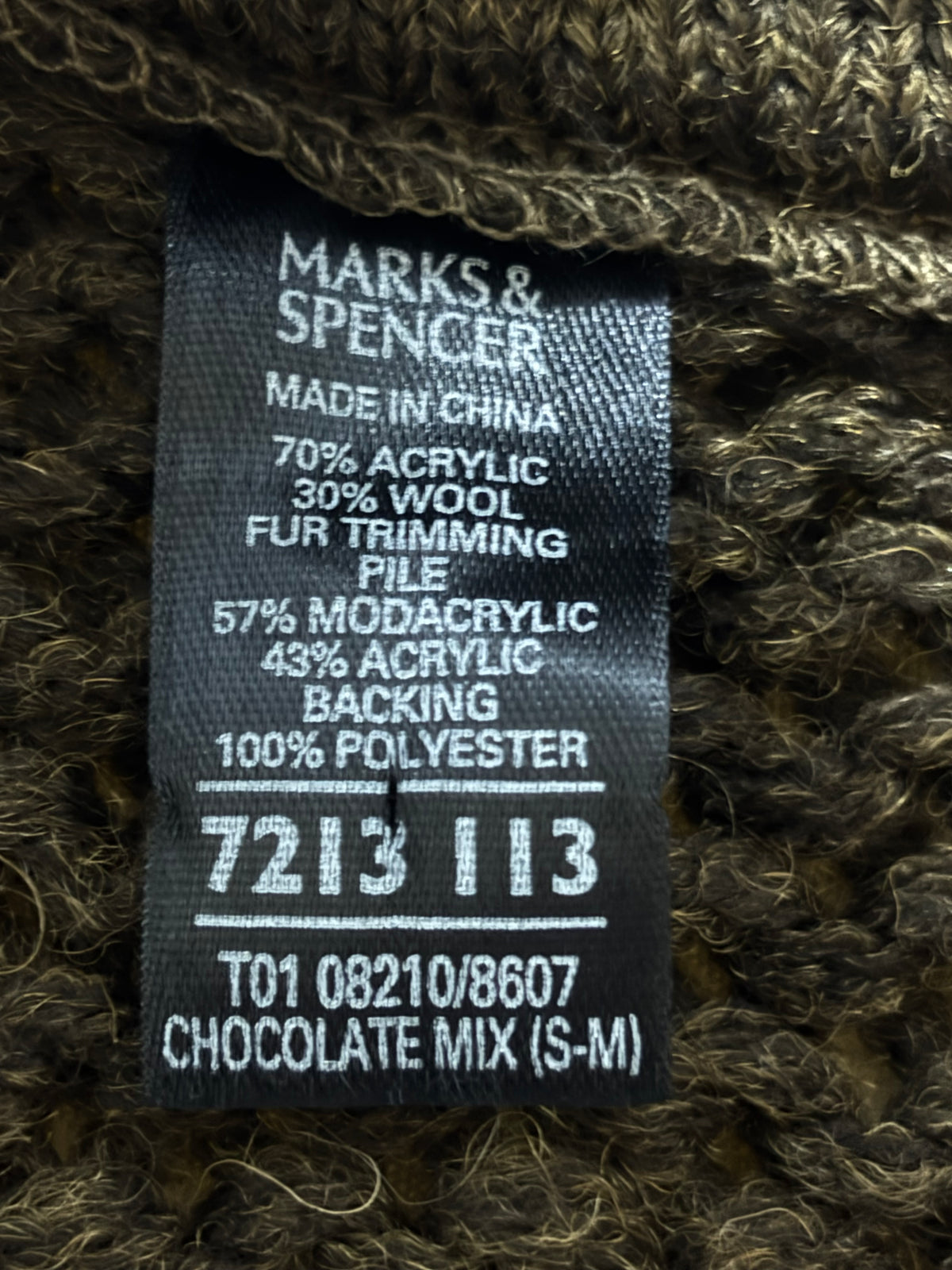 Marks & Spencer S-M label with acrylic wool body and synthetic fur trim composition