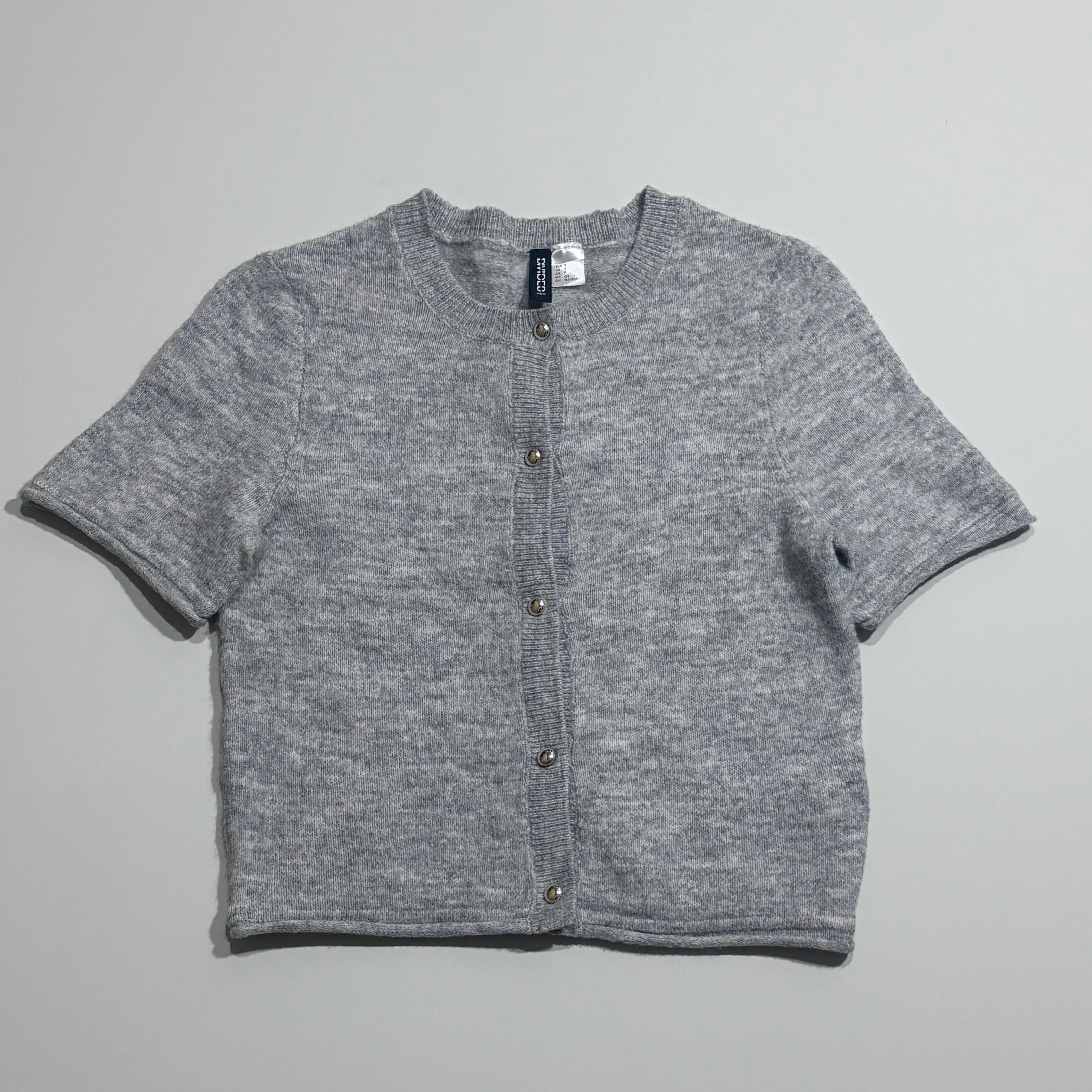 Light grey short-sleeve cropped cardigan with button front