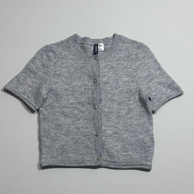 Light grey short-sleeve cropped cardigan with button front