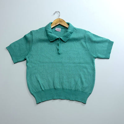 Teal green short-sleeve polo top with ribbed cuffs and hem