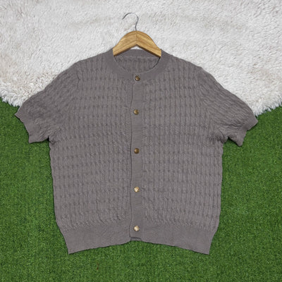 Grey textured short-sleeve button-front top with round neckline