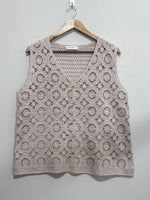 Taupe circular openwork V-neck button-front sleeveless top